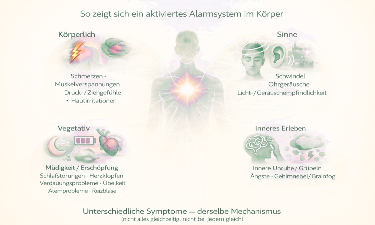 Grafik: Symptome eines überreizten Nervensystems – von Schmerzen und Schwindel über Tinnitus und Erschöpfung bis zu Verdauungsproblemen und innerer Unruhe